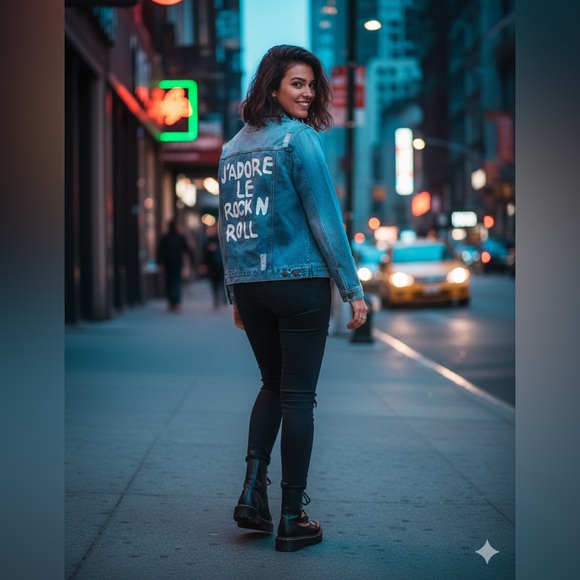 Forever 21 J'adore Le Rock N Roll Denim Jacket Large Distressed Blue - Picture 3 of 8